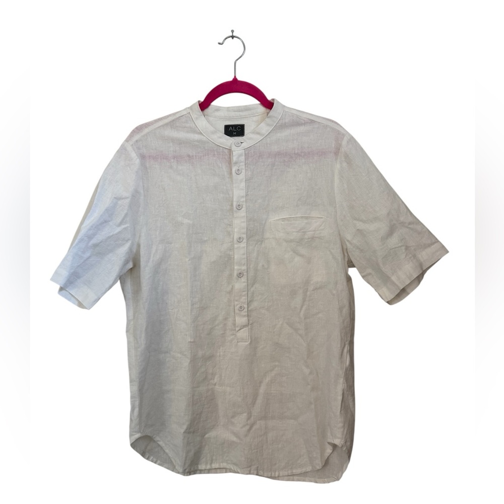 ALCA Amanda Laird Cherry Off-White Woven Linen Collarless Shirt Size Medium